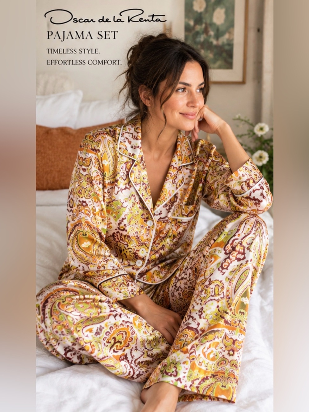 Oscar de la Renta Paisley 2 Piece Pajama Set Small Satin Feel Lounge Sleepwear